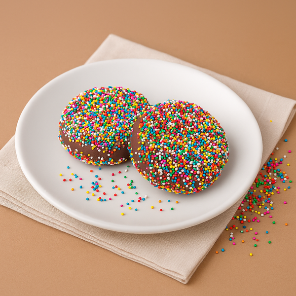 Rainbow Nonpareils Dark Chocolate Coated Sandwich Cookies