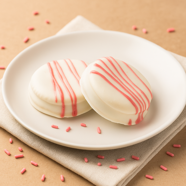 White Chocolate Pink Drizzle Coated Sandwich Cookies